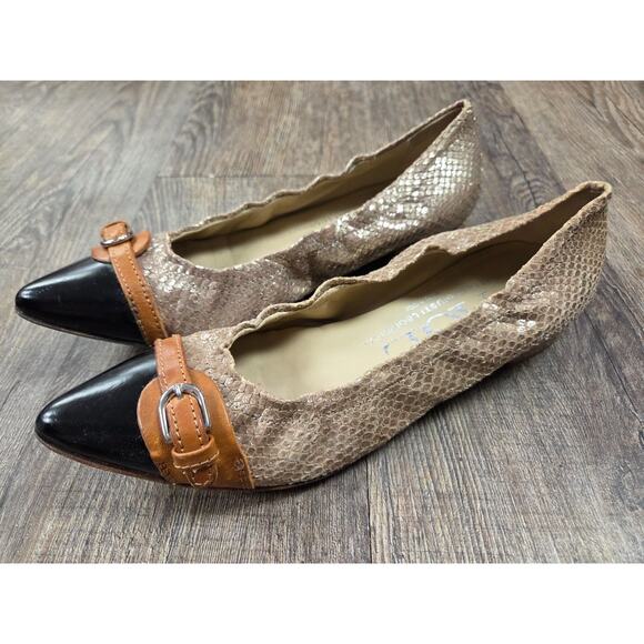 AGL Attilio Giusti Leombrun Black Brown Snake Skin Point Toe Flats Shoes Size 37 - Picture 1 of 11